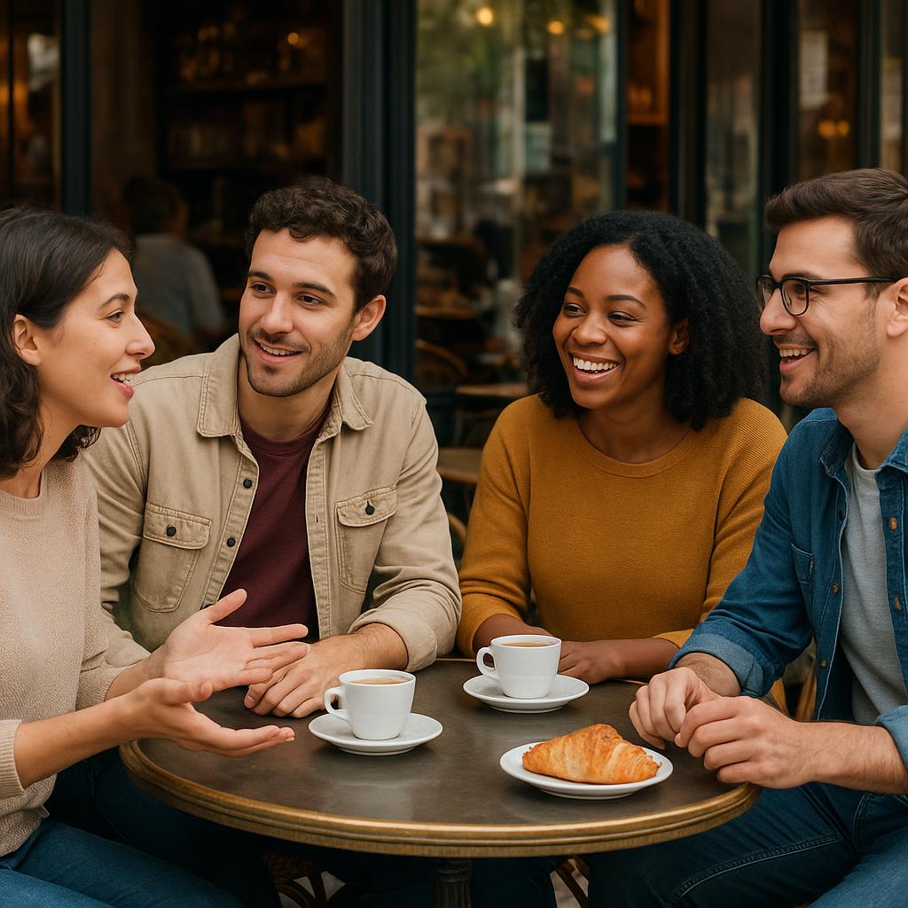 Friends chatting naturally in a French café