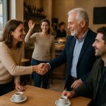 People greeting one another in an Italian café