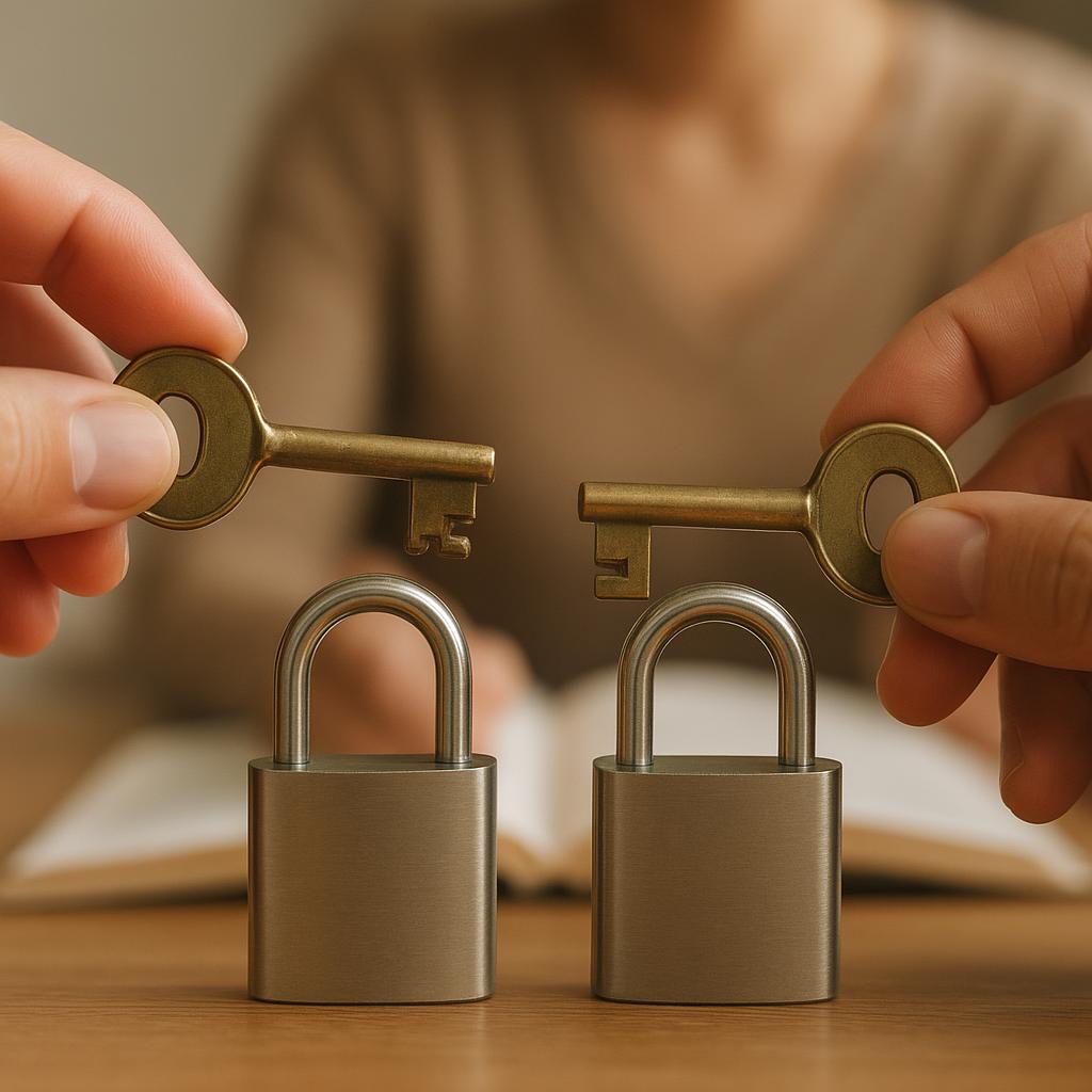 Two similar-looking keys that open related locks