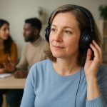 Language learner listening attentively during a daily routine