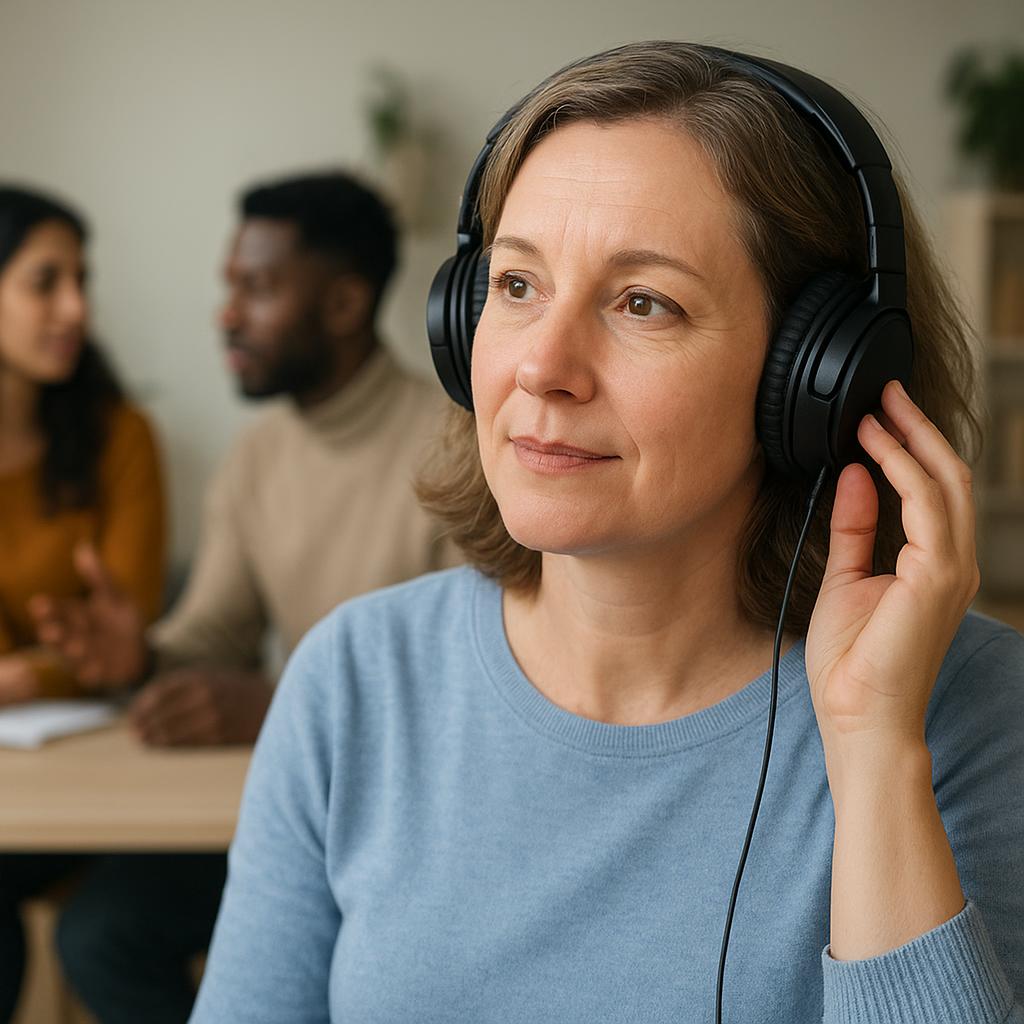 Language learner listening attentively during a daily routine