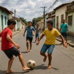 Children playing football on a neighborhood street in Brazil