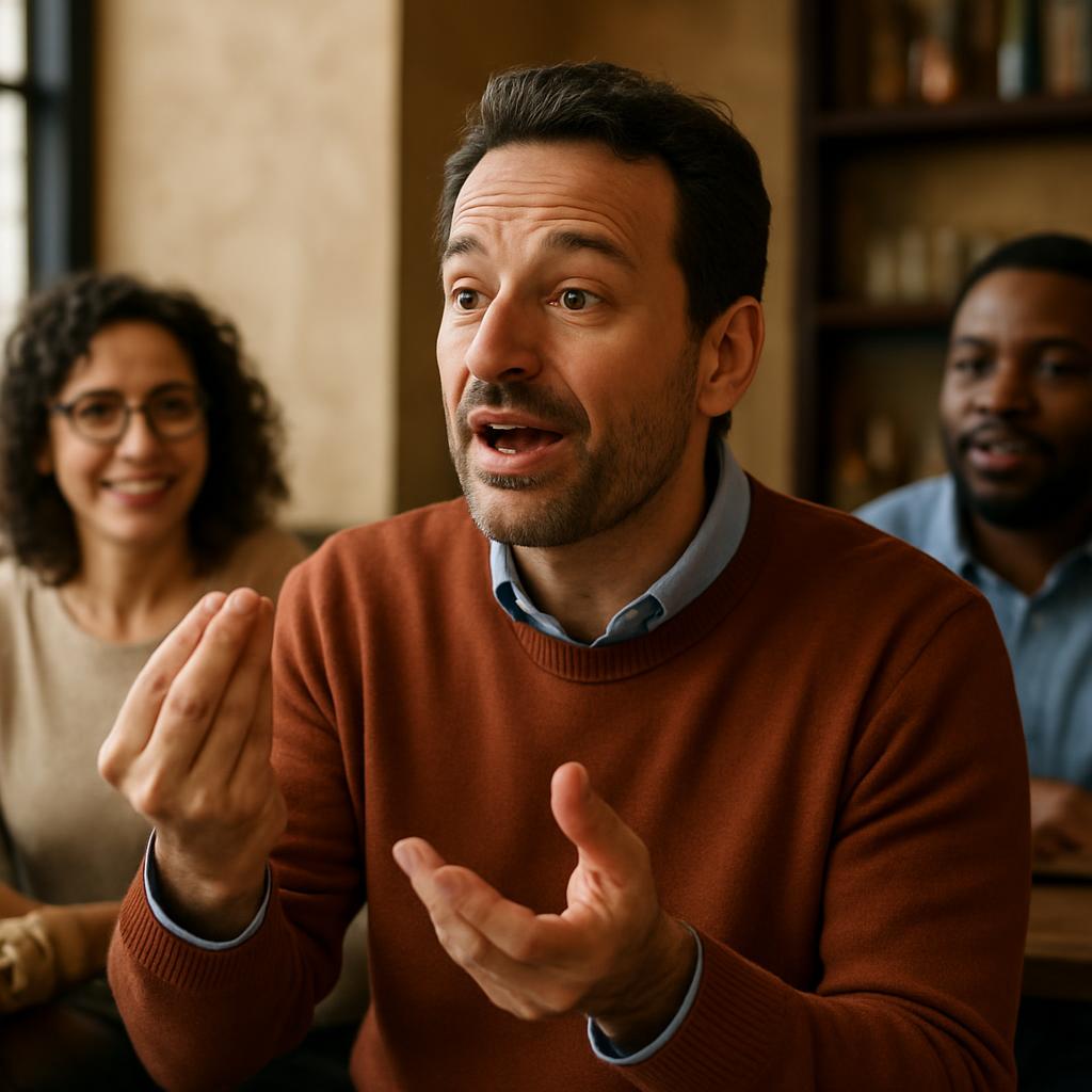 Person speaking expressively with hand gestures