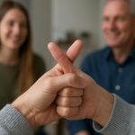 Person crossing their thumbs for good luck