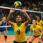 Brazilian volleyball players competing during a match