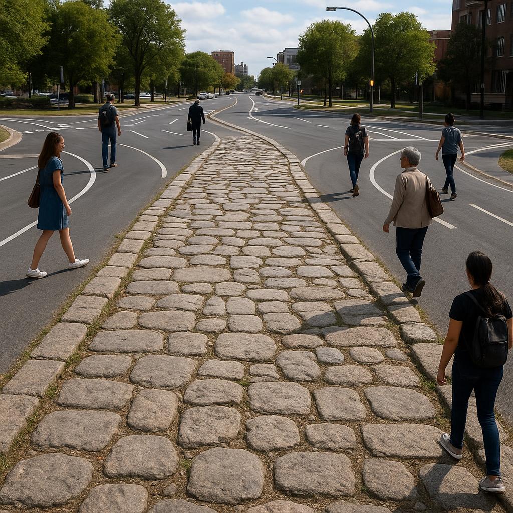 Ancient Roman road branching into many modern roads