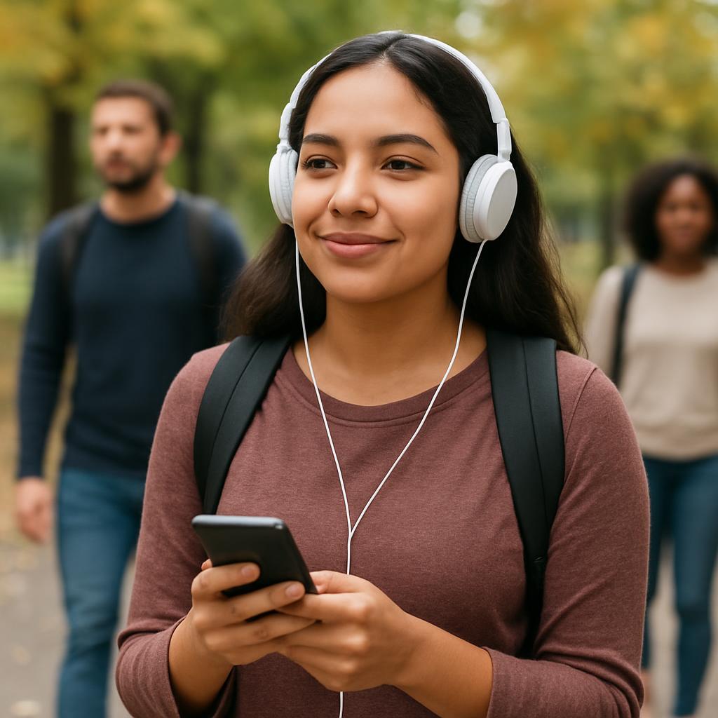 Adult learner listening to a language podcast during a daily walk