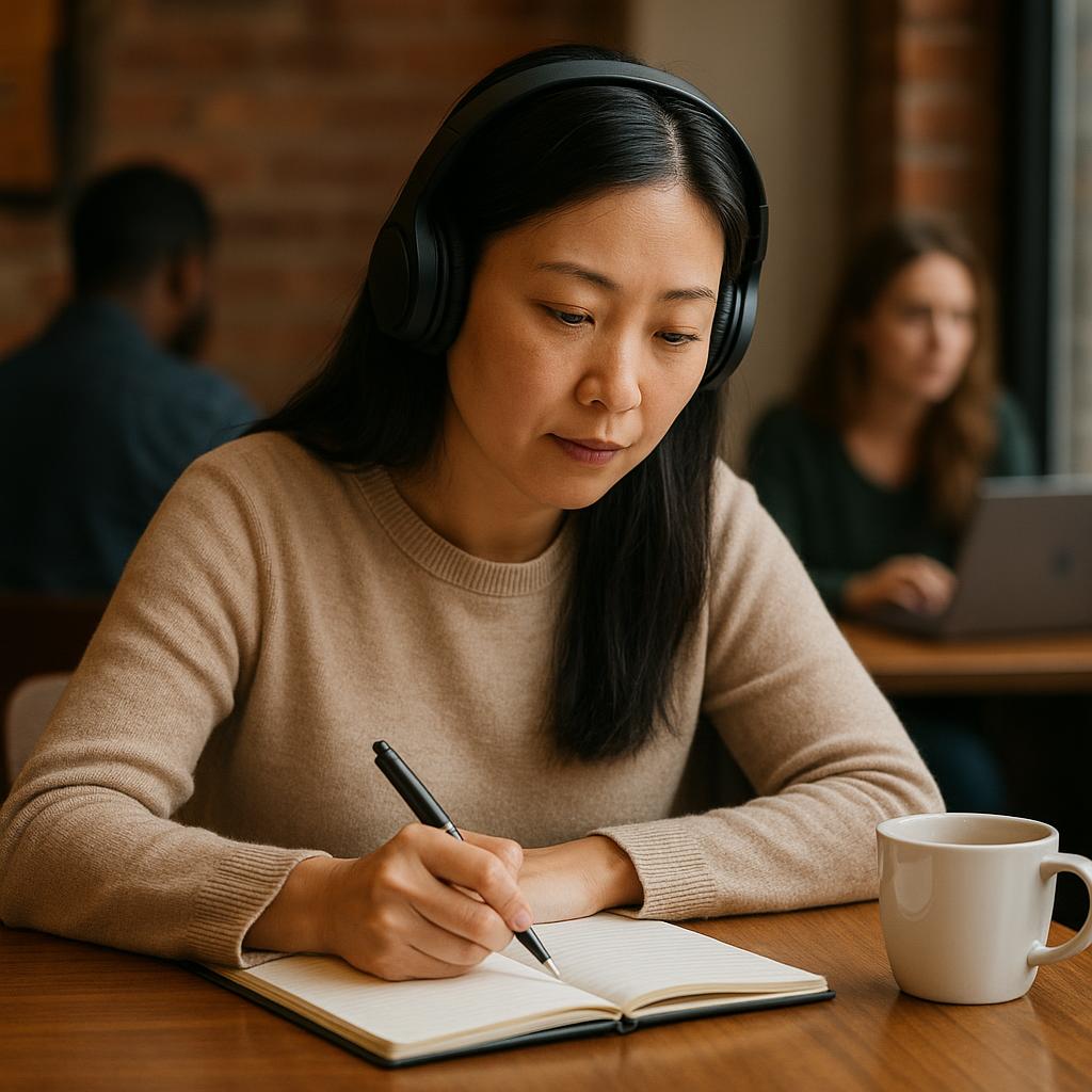 Adult language learner studying with notebook and headphones at a coffee shop