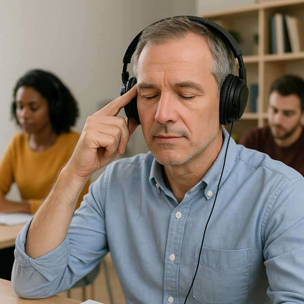 Person listening attentively to language audio while understanding the content