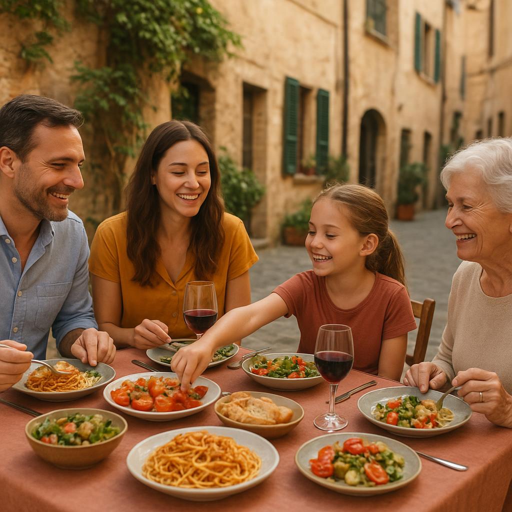 Family sharing lunch outdoors in Italy