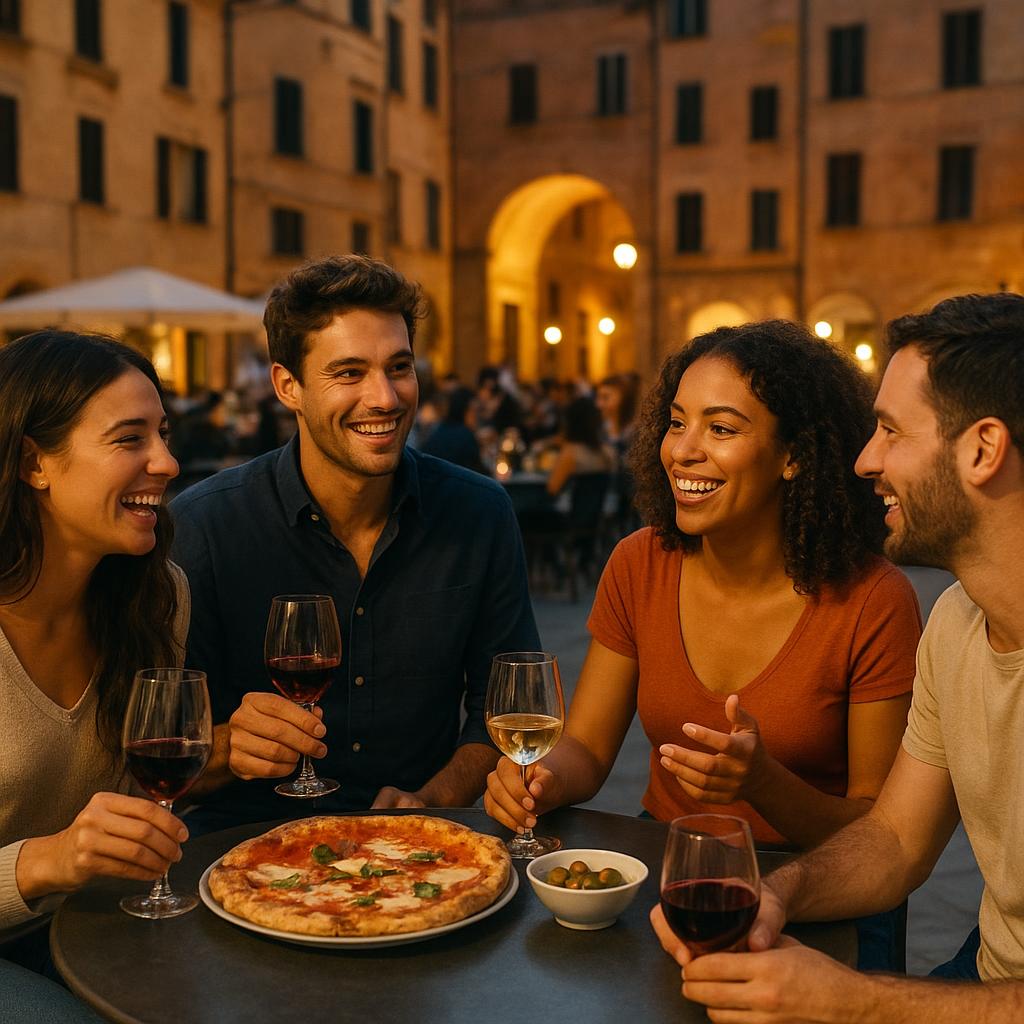 Friends enjoying an evening in an Italian piazza