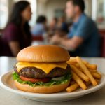 Classic American cheeseburger with fries on a diner table