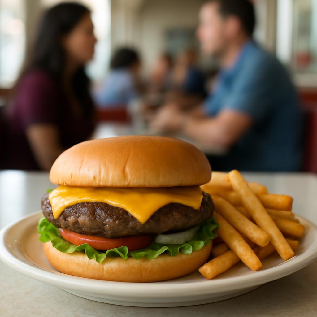 Classic American cheeseburger with fries on a diner table