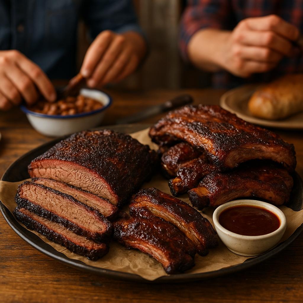 Smoked barbecue platter with brisket and ribs