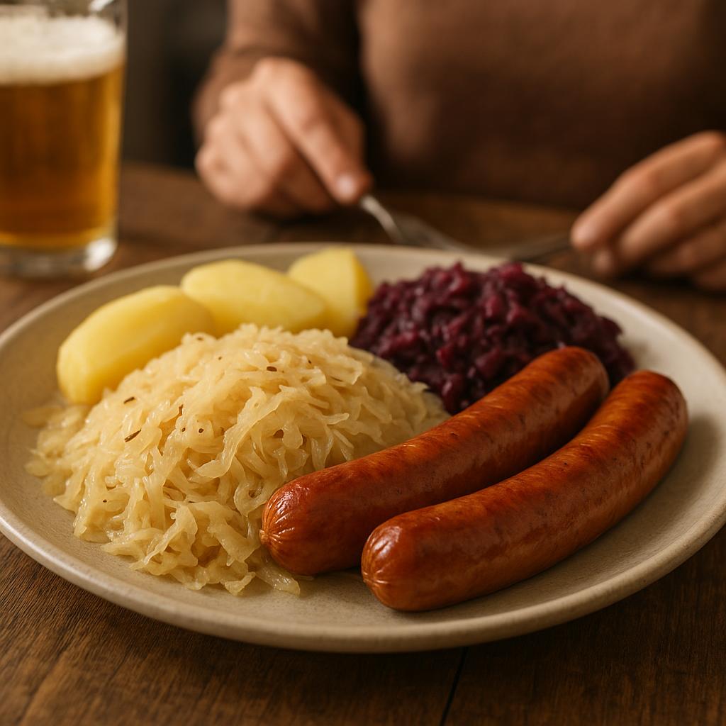 Traditional German meal with sauerkraut and sausages