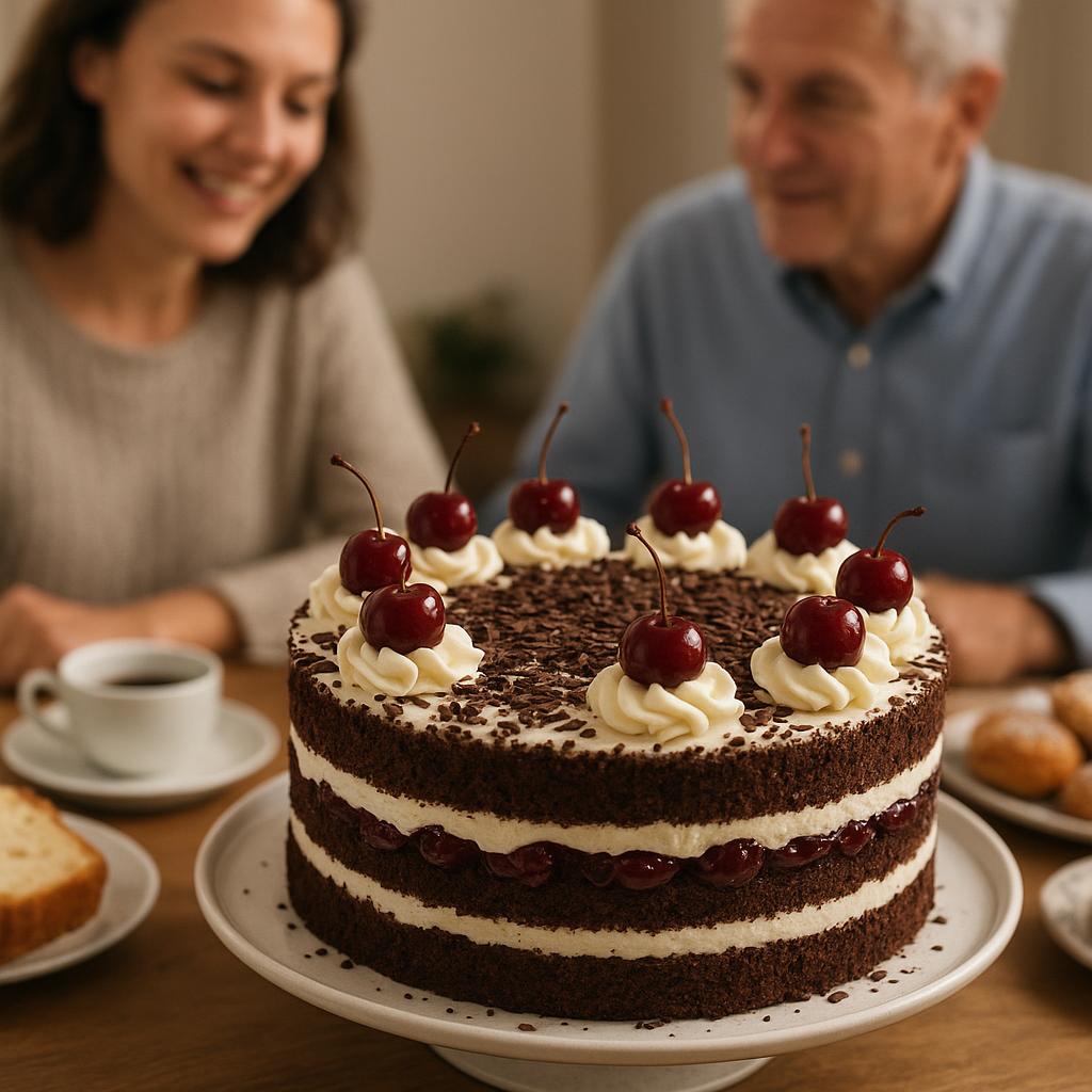 Classic Black Forest cake on a dessert table