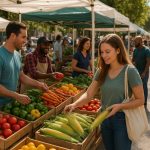 Outdoor farmers market with fresh fruits and vegetables