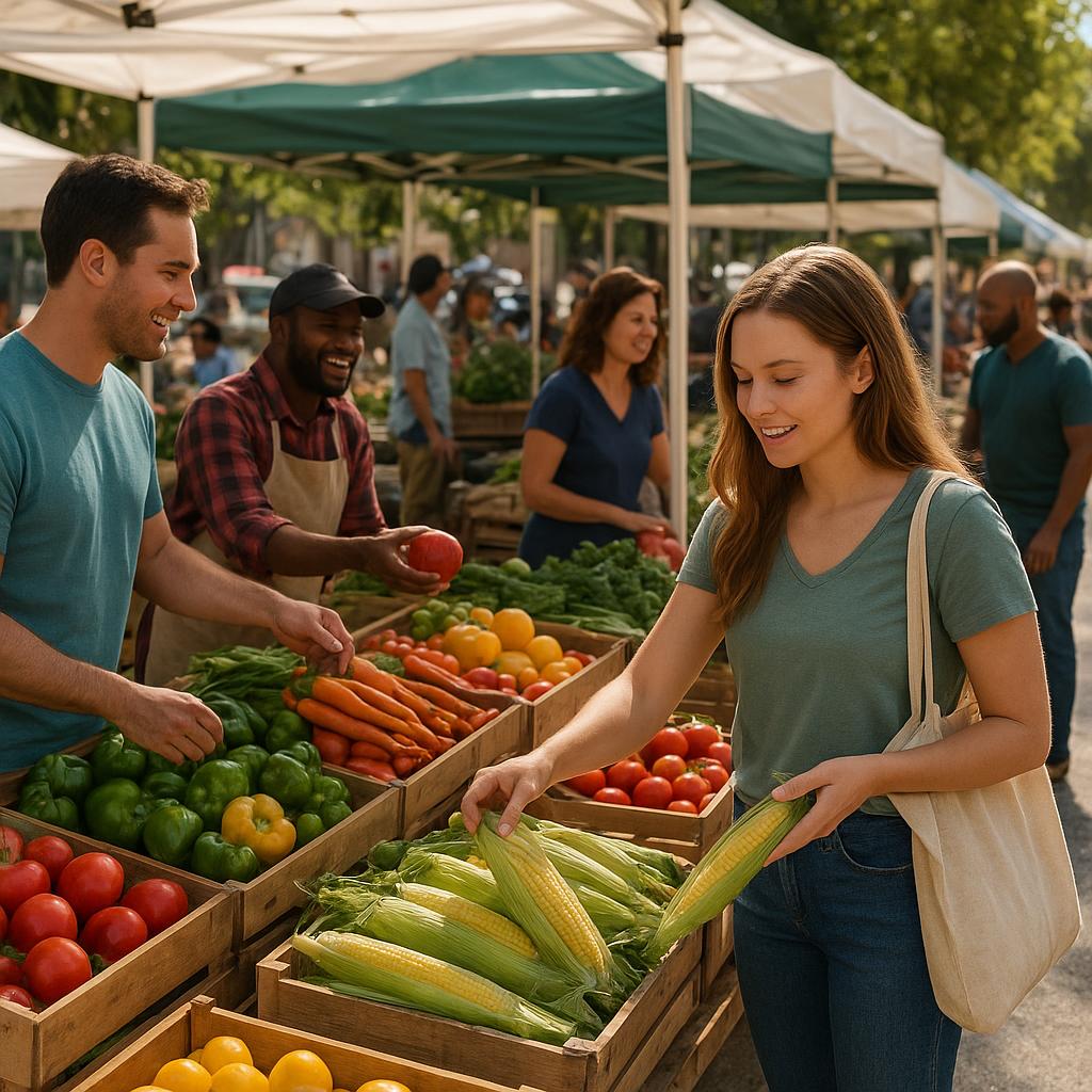 Outdoor farmers market with fresh fruits and vegetables