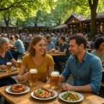 People enjoying food and drinks in a traditional beer garden