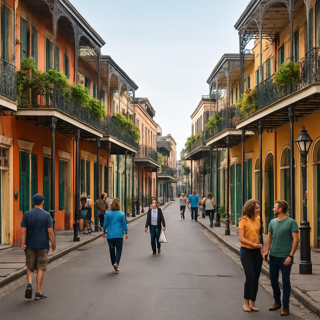 French Quarter street with colorful balconies