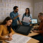 Animated film production studio with storyboards