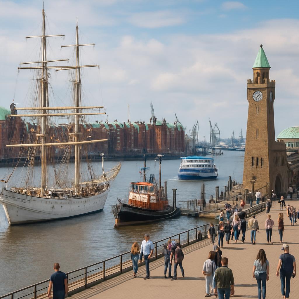 Hamburg harbor with ships and historic warehouses