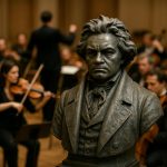 Statue of Beethoven with an orchestra in the background