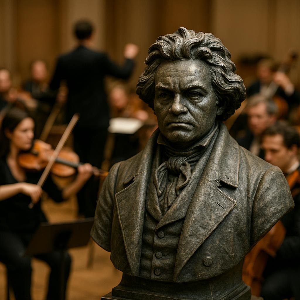 Statue of Beethoven with an orchestra in the background