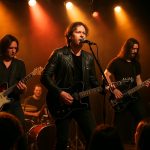 Rock band performing on stage with guitars