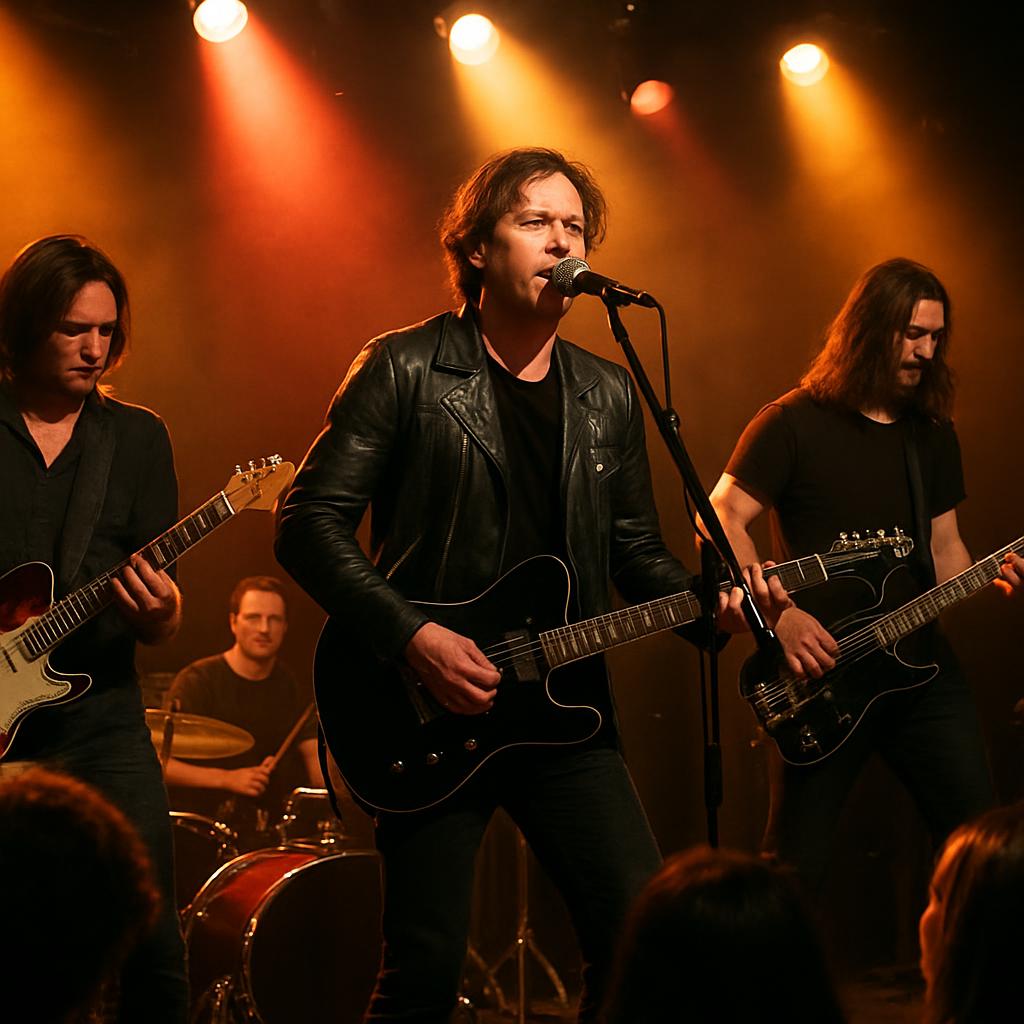 Rock band performing on stage with guitars