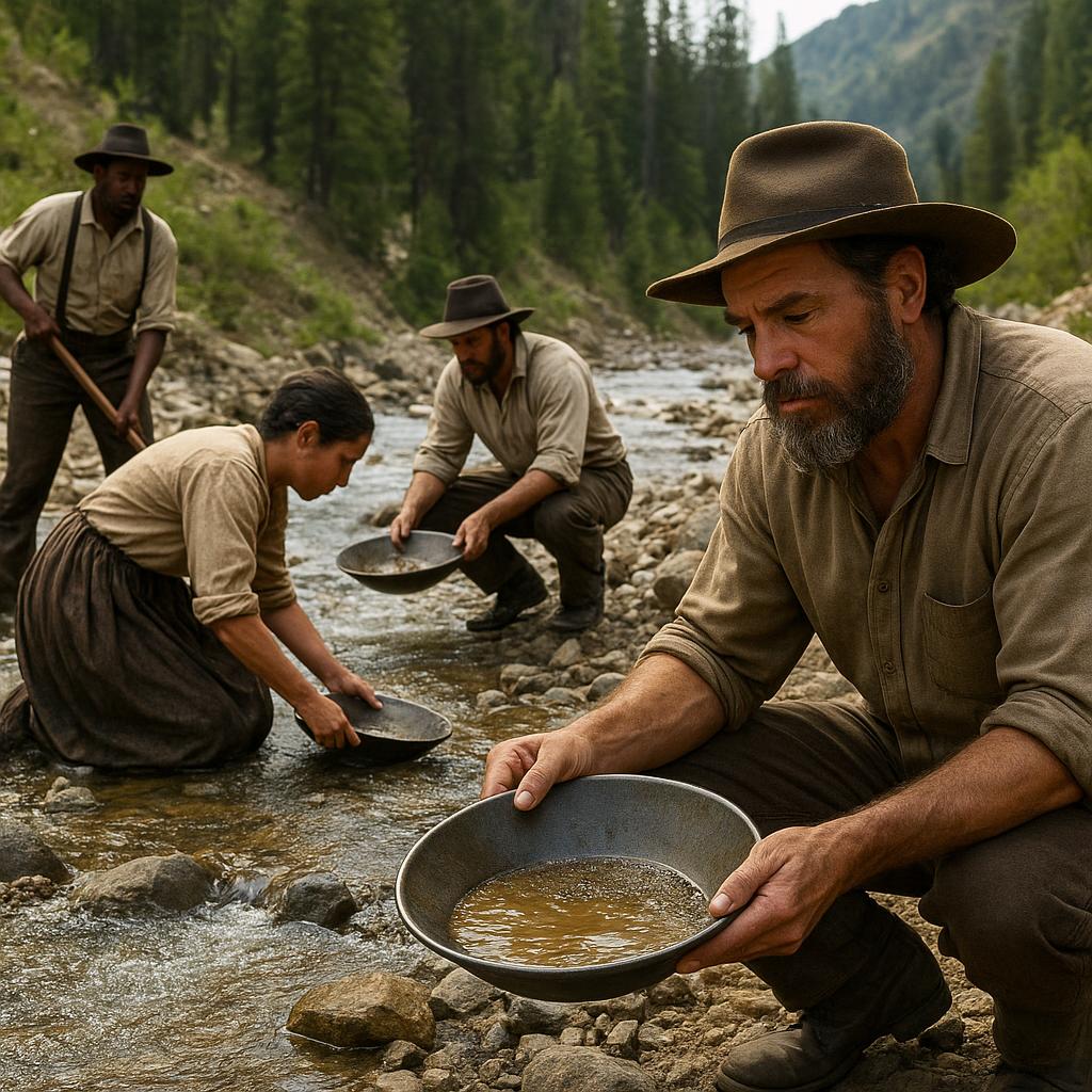 Gold miners working beside a mountain stream