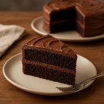 Slice of chocolate cake on a dessert plate