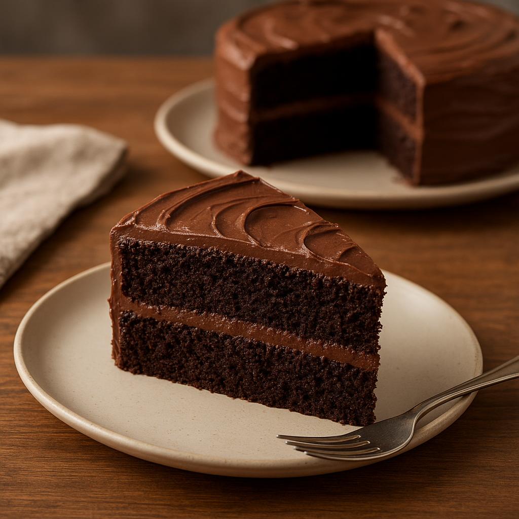 Slice of chocolate cake on a dessert plate