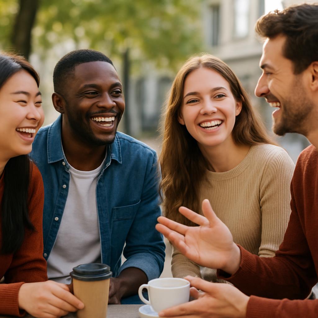 Group of friends talking and laughing together