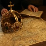 Medieval imperial crown and historic map