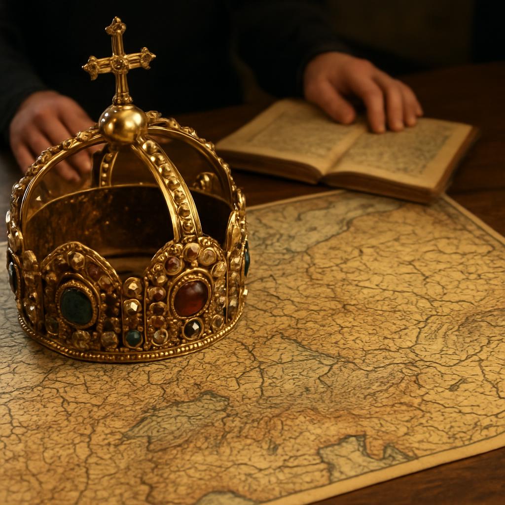 Medieval imperial crown and historic map