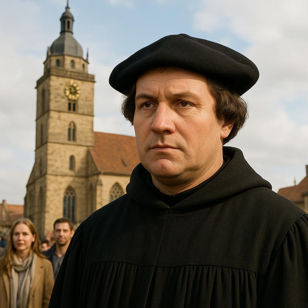 Portrait of Martin Luther with a historic church