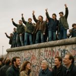 People celebrating at the Berlin Wall in 1989