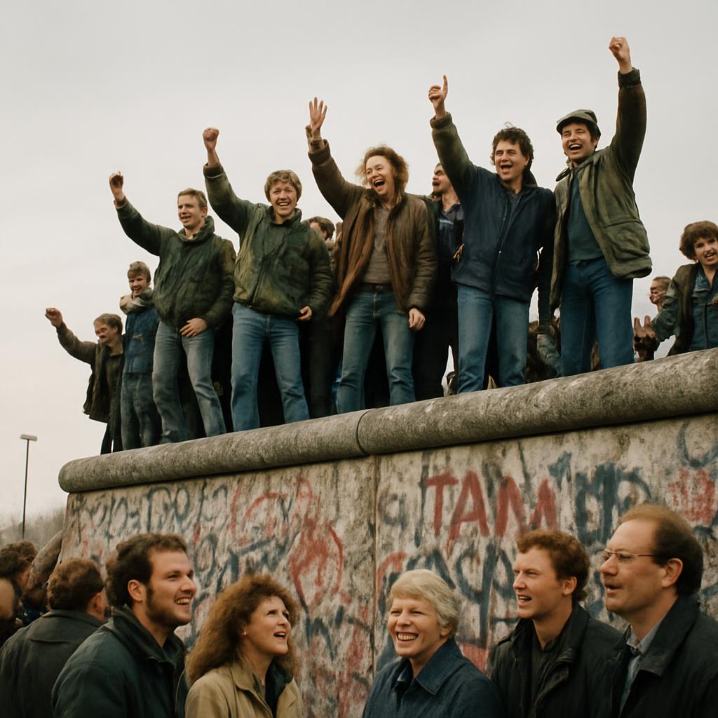 People celebrating at the Berlin Wall in 1989