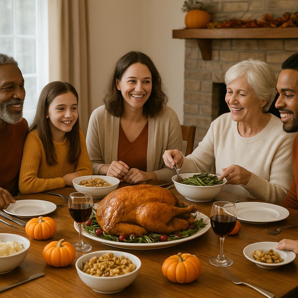 Family gathered around a Thanksgiving dinner table