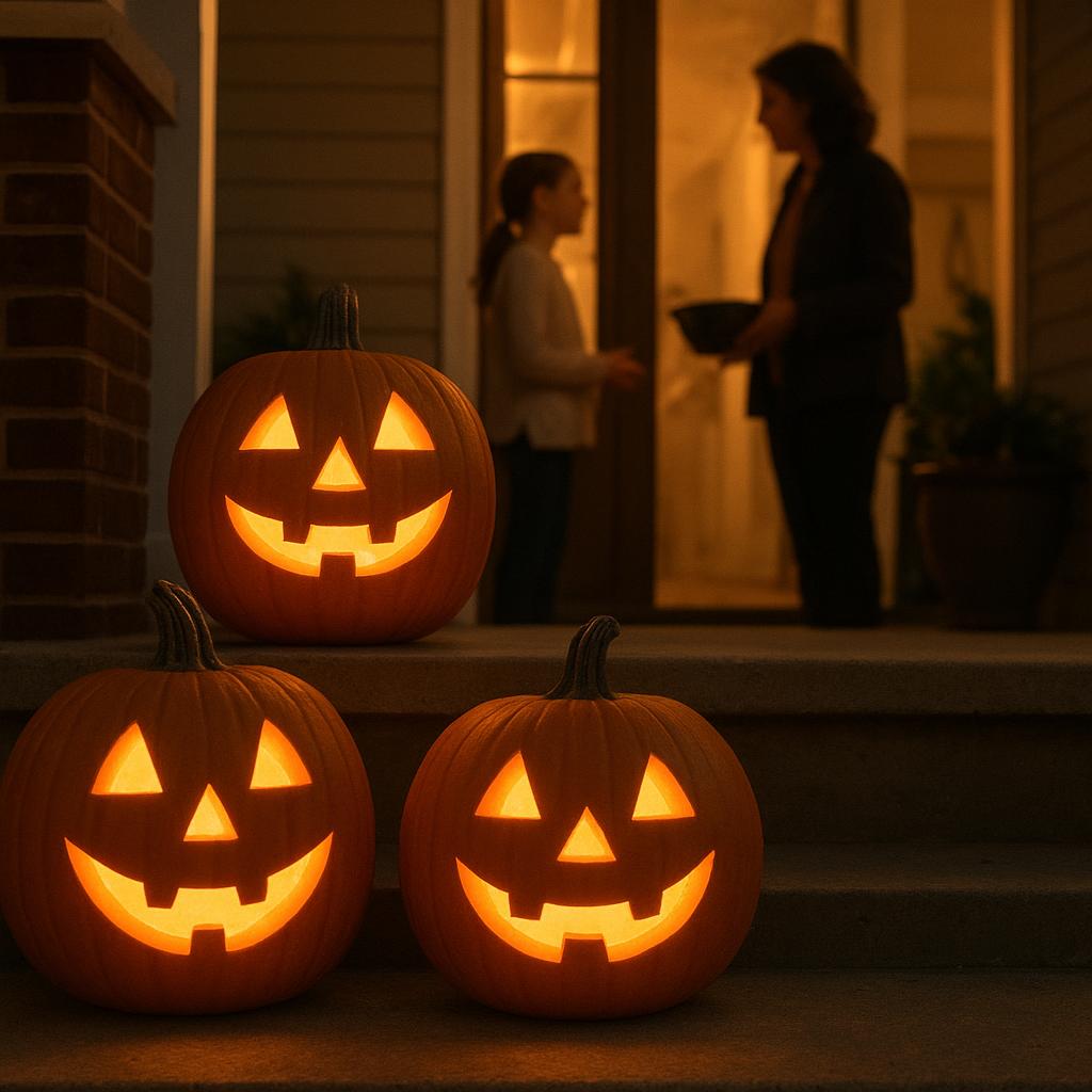 Jack-o'-lanterns glowing on a front porch