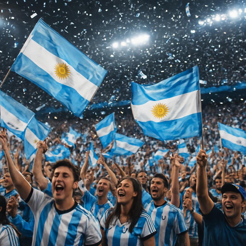 Argentine football fans celebrating in a packed stadium with blue-and-white flags