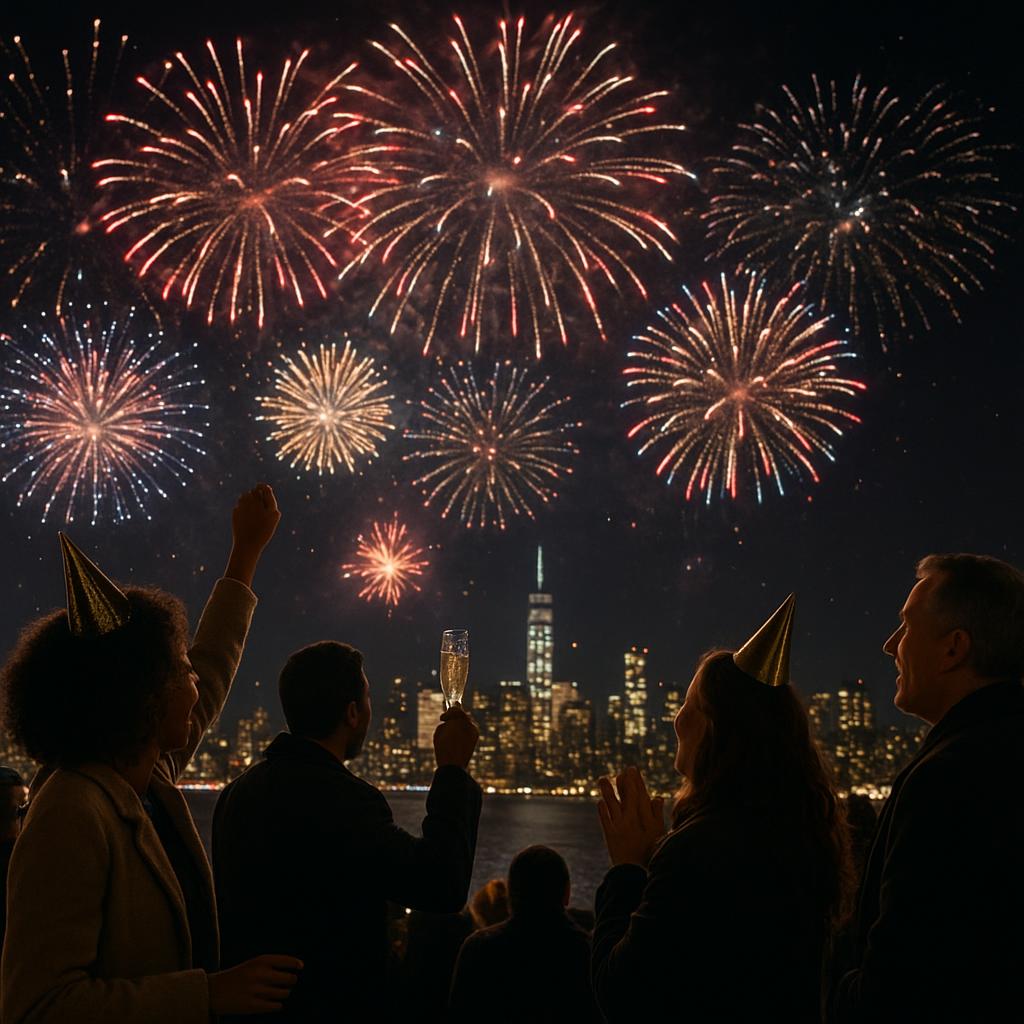 Fireworks over a city skyline at midnight
