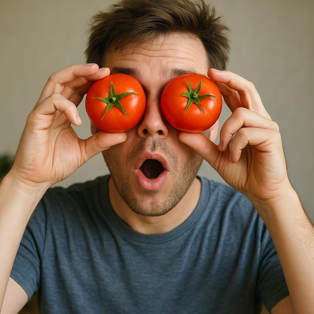 Illustration of a surprised person with tomatoes over the eyes