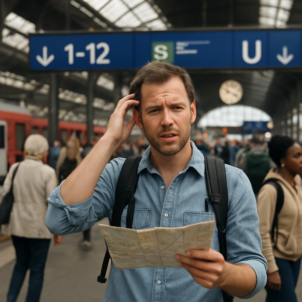 Busy railway station with confused traveler