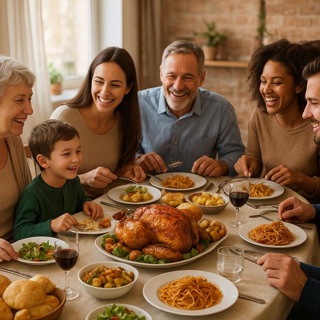Large family enjoying Sunday lunch
