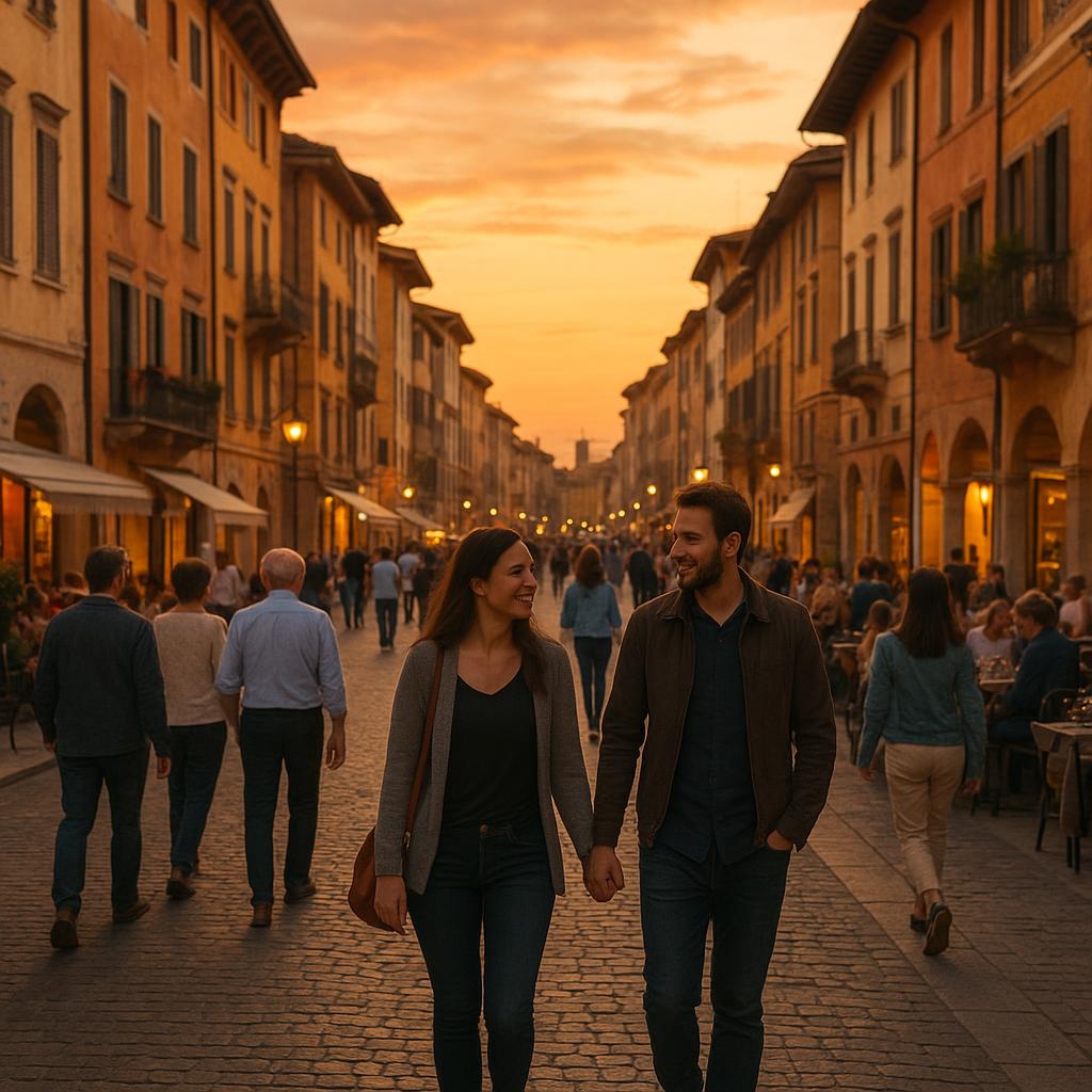 People walking through an Italian town at sunset