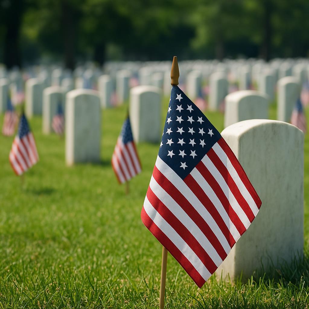 American flags placed at a military cemetery