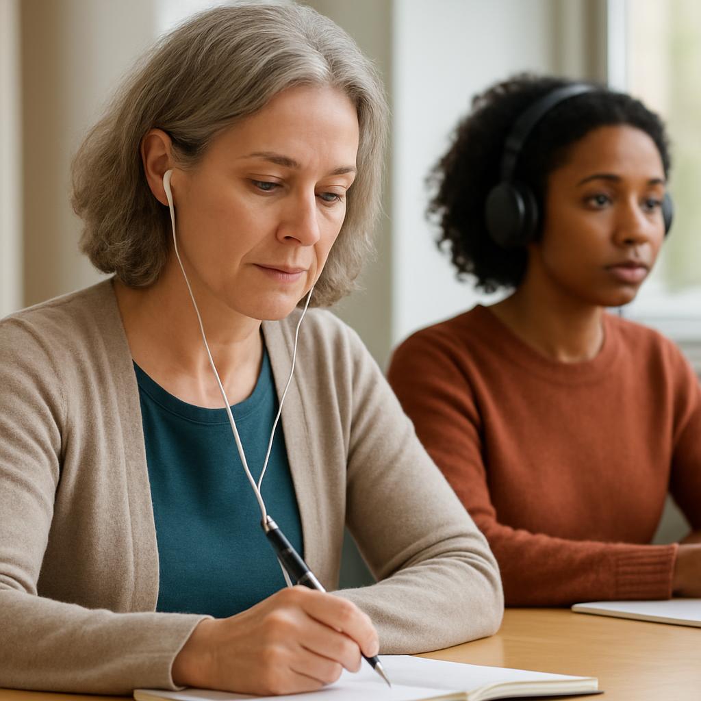 One person multitasking with earbuds while another listens with focused attention