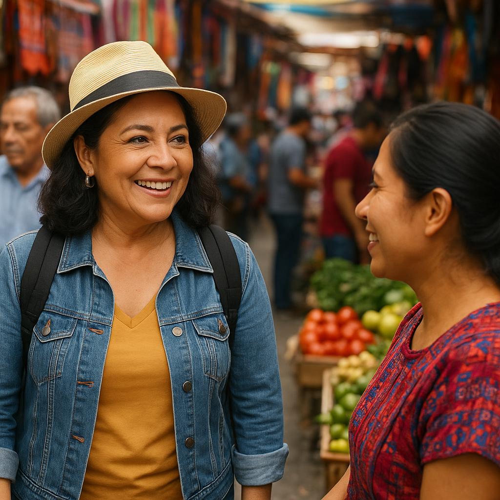 Traveler confidently interacting with locals in a vibrant market